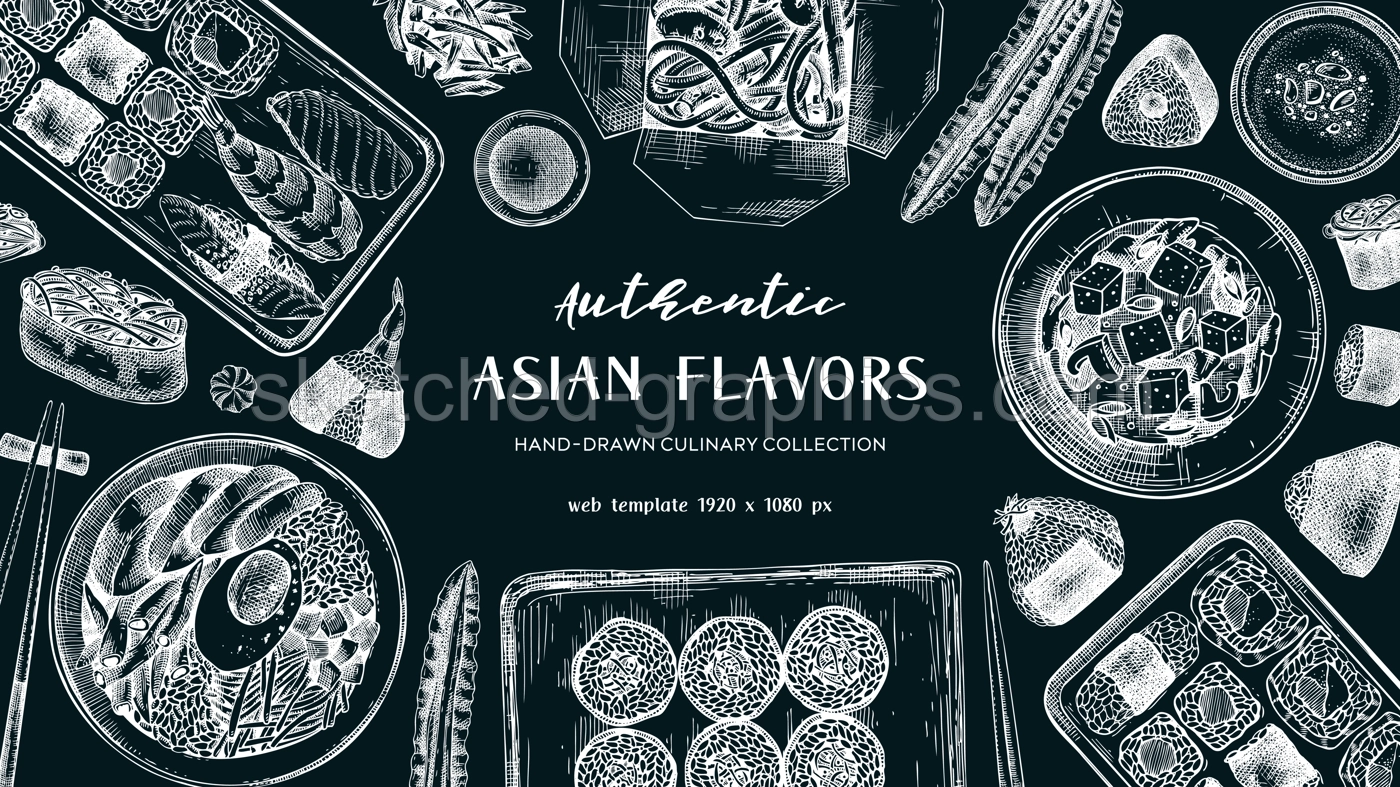 Asian food background. Japanese cuisine chalkboard design. Hand-drawn vector illustrations in engraved style. NOT AI generated Illustration